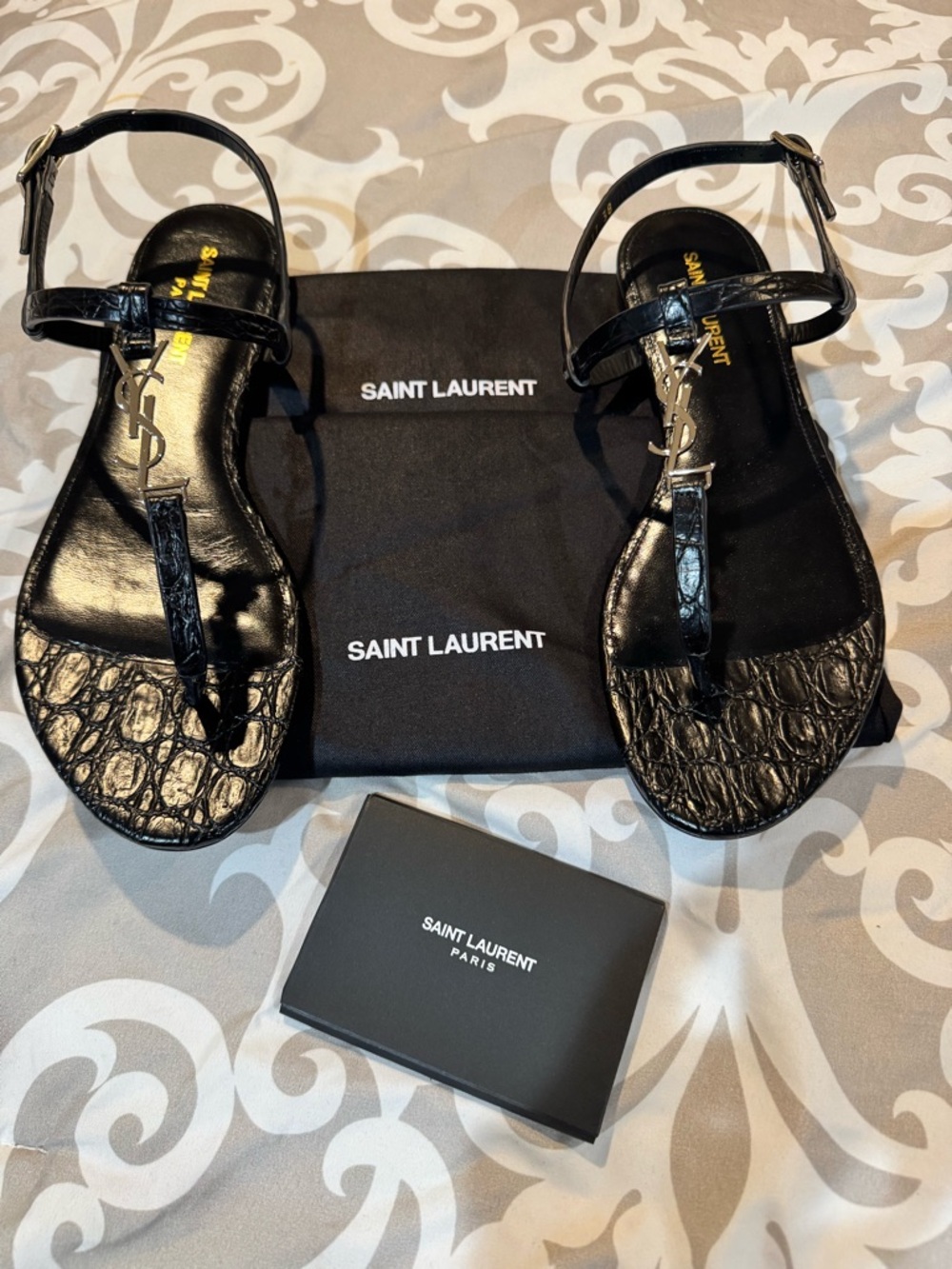 Saint Laurent Black Croc T-Strap Sandals